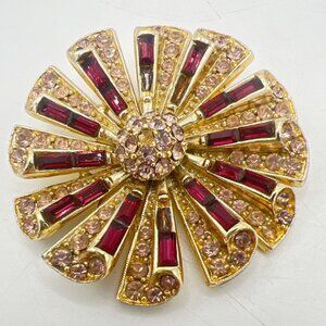Vtg Pell Brooch Flower Purple Baguette Rhinestones Golden Pave' Gold-Tone READ